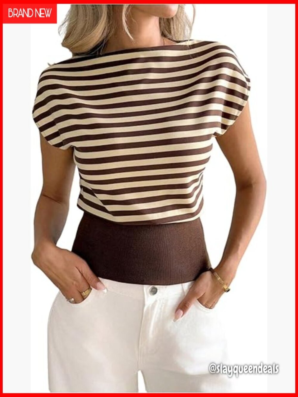 Striped Boat Neck T-Shirt Cinched Waist Short Sleeve Casual Top